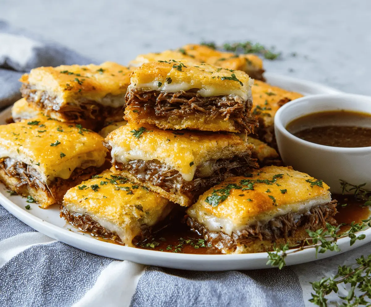 savory French Dip Squares with melted cheese and tender roast beef on a baking sheet