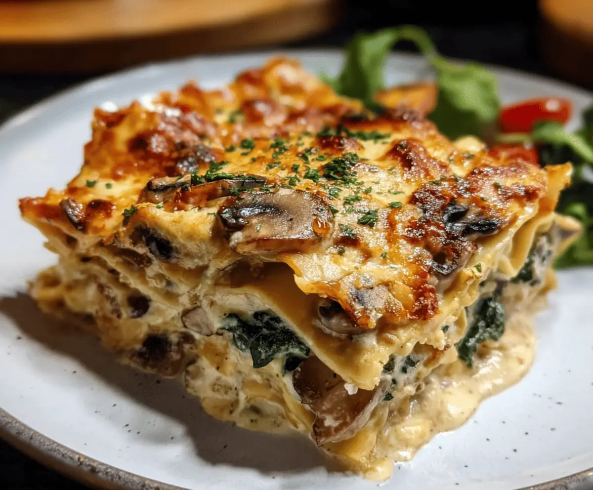 Delicious creamy spinach and mushroom lasagna served on a plate, showcasing layers of cheese, spinach, and mushrooms.