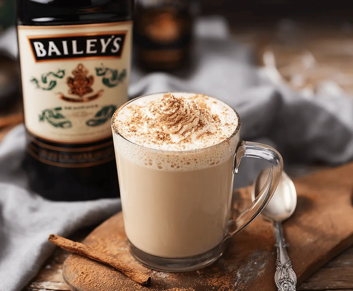 Creamy eggnog with Baileys Irish Cream liqueur served in a festive glass for holiday cheer.