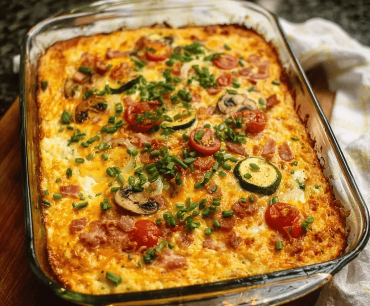Delicious Farmer’s Casserole with fresh vegetables and cheese in a baking dish.
