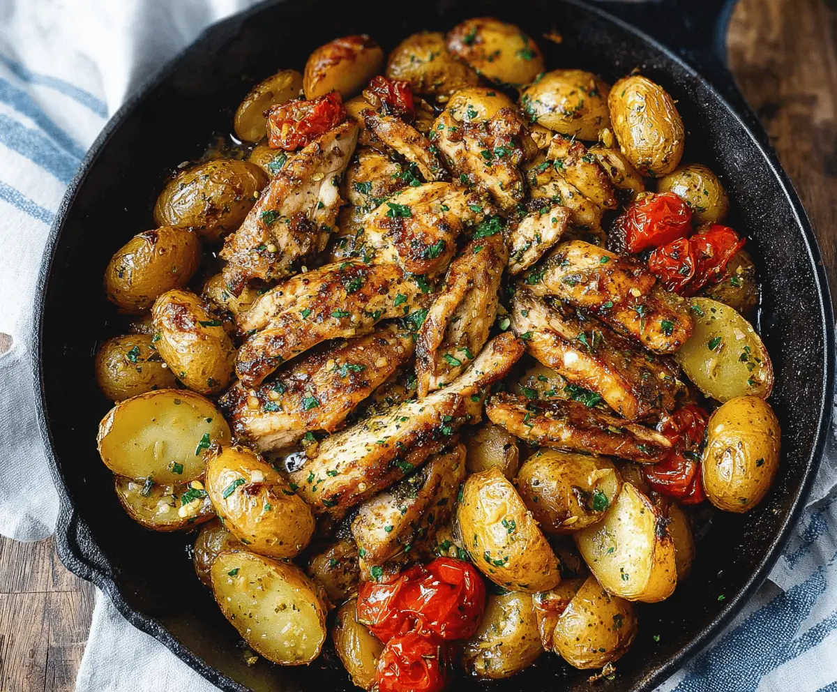 Savory garlic butter chicken served alongside crispy roasted potatoes in a skillet.