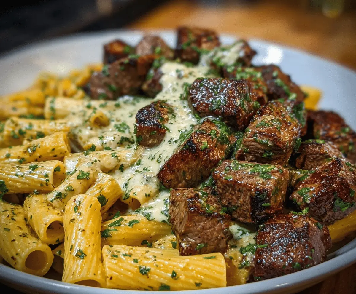 Savory garlic butter steak tips served with cheesy rigatoni pasta on a plate.
