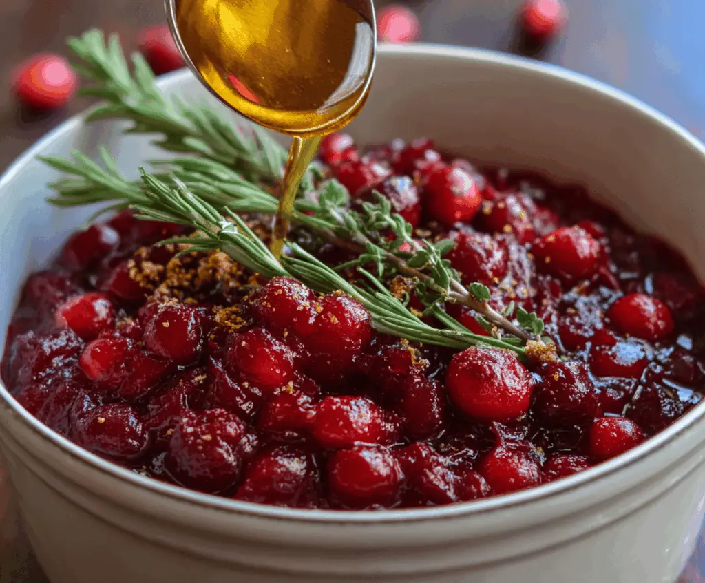 Close-up of Honey Bourbon Cranberry Sauce served in a glass bowl, garnished with fresh cranberries and a sprig of rosemary, perfect for holiday dishes.