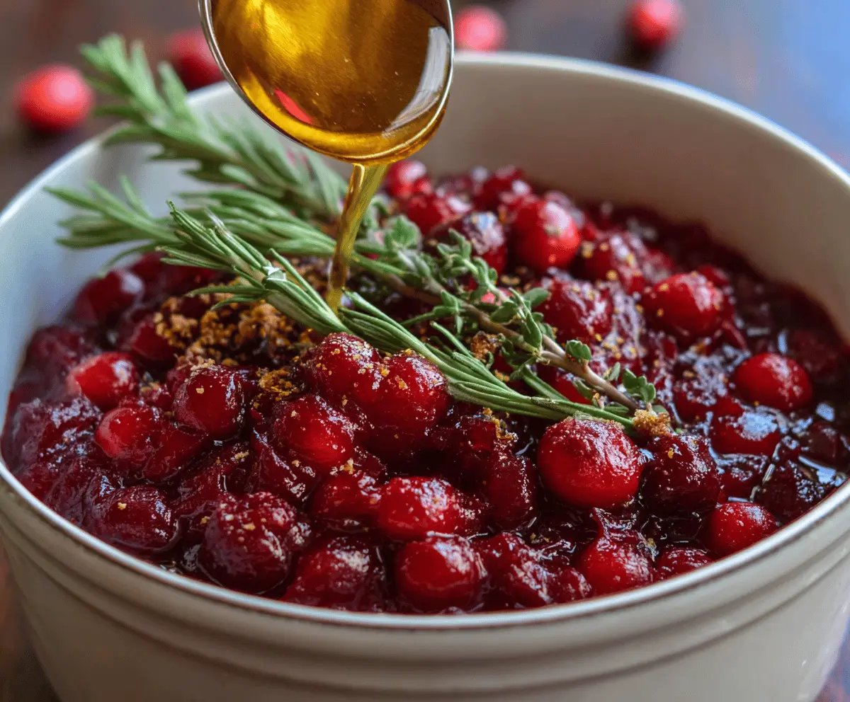 Close-up of Honey Bourbon Cranberry Sauce served in a glass bowl, garnished with fresh cranberries and a sprig of rosemary, perfect for holiday dishes.