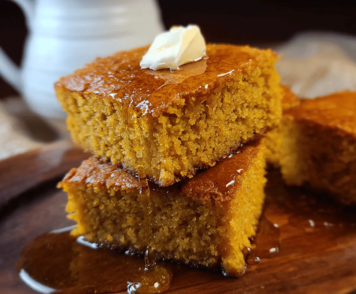 A slice of honey butter sweet potato cornbread served on a rustic plate, showcasing its moist texture and golden crust.