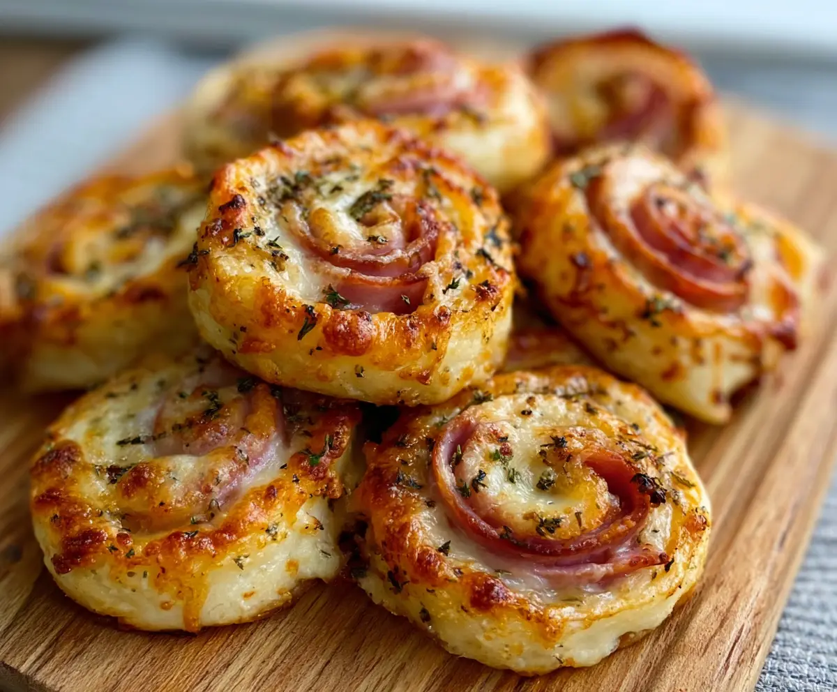 Delicious hot ham and cheese pinwheels fresh out of the oven, perfect for snacks or parties.