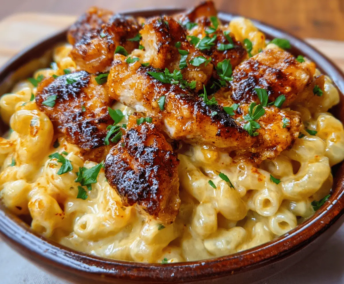Creamy mac and cheese topped with crispy hot honey chicken for a flavorful comfort food dish.