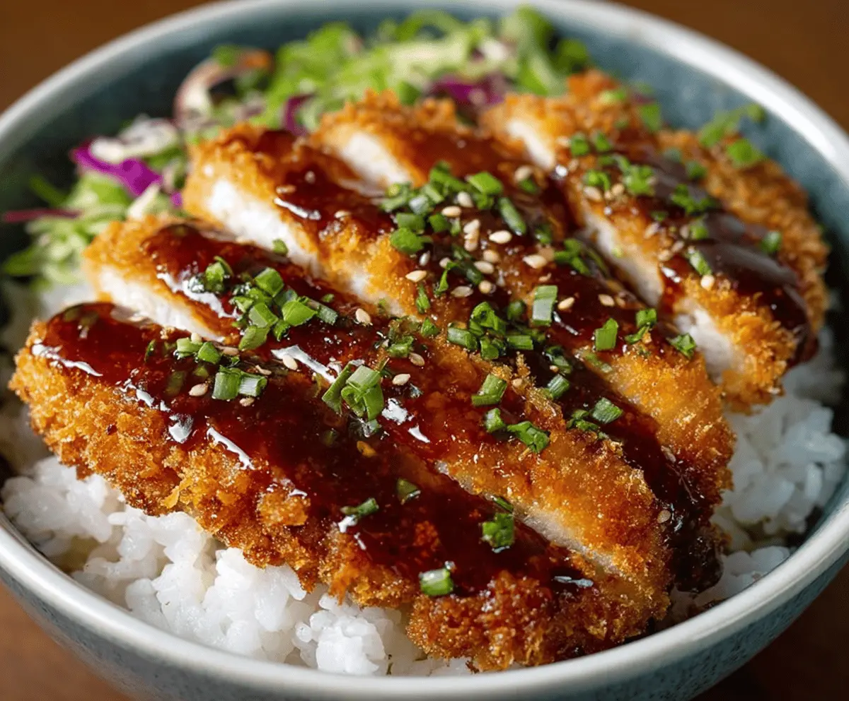 Delicious Japanese Katsu Bowl featuring crispy breaded pork cutlet drizzled with rich Tonkatsu sauce and fresh garnishes.