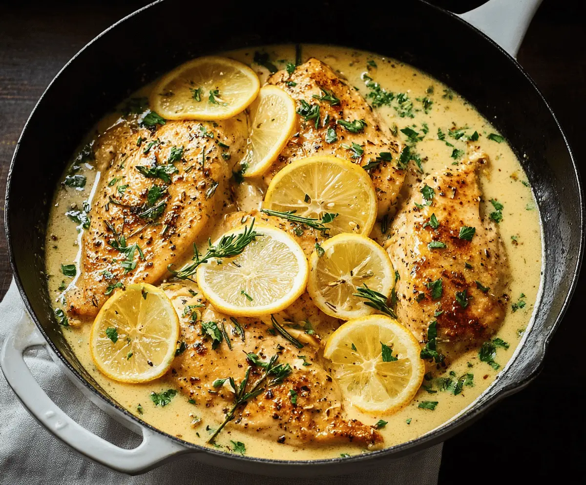 Juicy Lemon Garlic Chicken Skillet served with fresh herbs and a golden crust