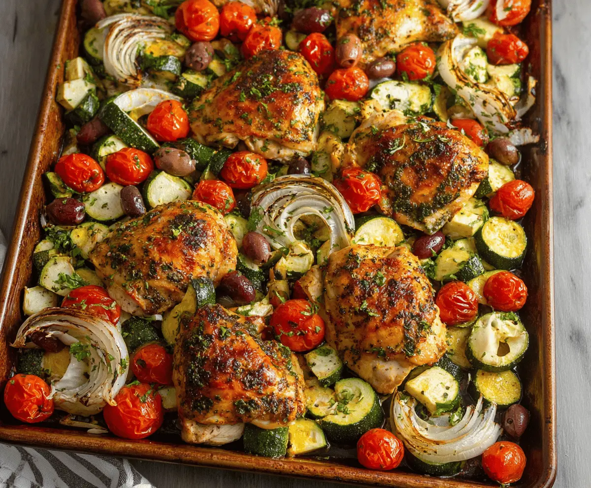 Delicious Mediterranean chicken and zucchini sheet pan dinner with colorful vegetables and herbs.