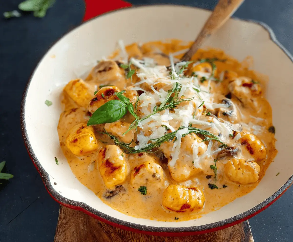 Delicious Millionaire Gnocchi with creamy sauce served on a plate, garnished with herbs.