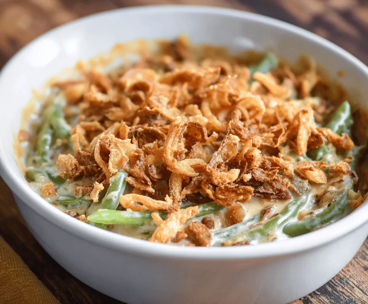 Delicious Campbell's green bean casserole served hot with crispy topping on a festive table.