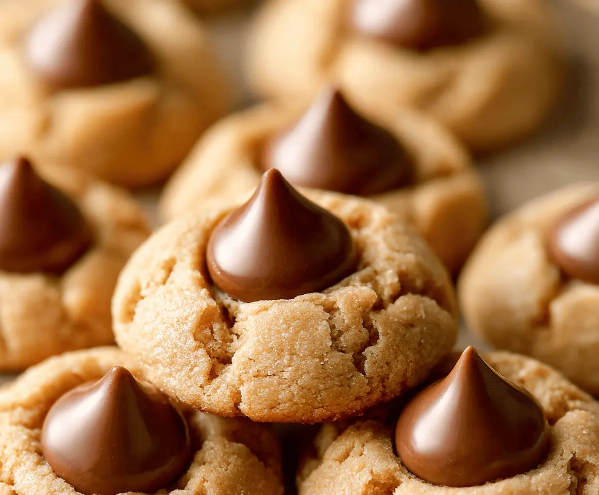 Delicious Peanut Butter Blossoms cookies topped with chocolate Hershey's kisses