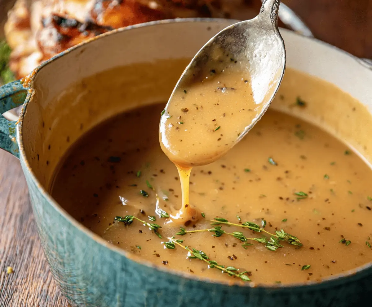 Homemade perfect turkey gravy served over a holiday meal with roasted turkey and vegetables
