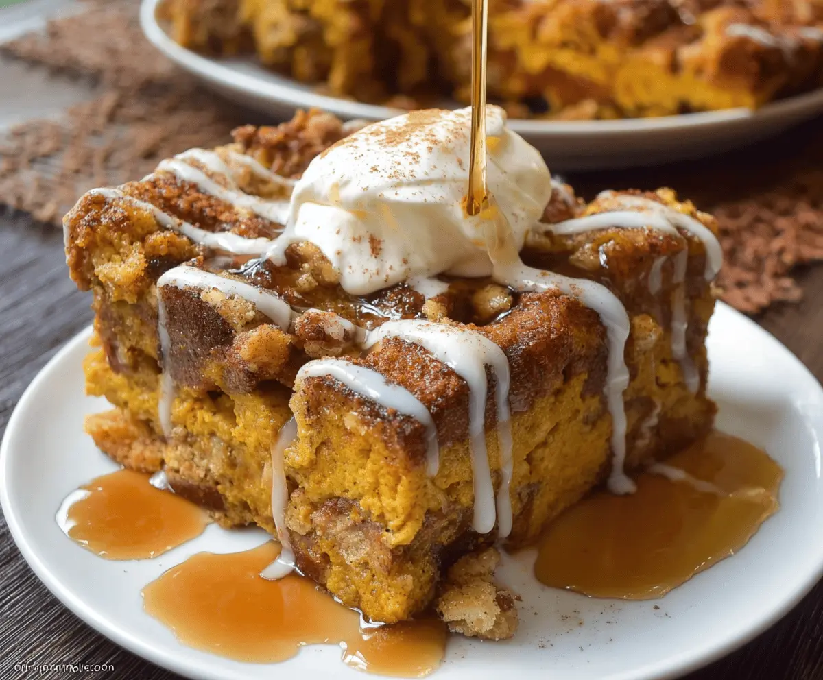Delicious pumpkin spice French toast casserole topped with powdered sugar and whipped cream for a cozy breakfast.