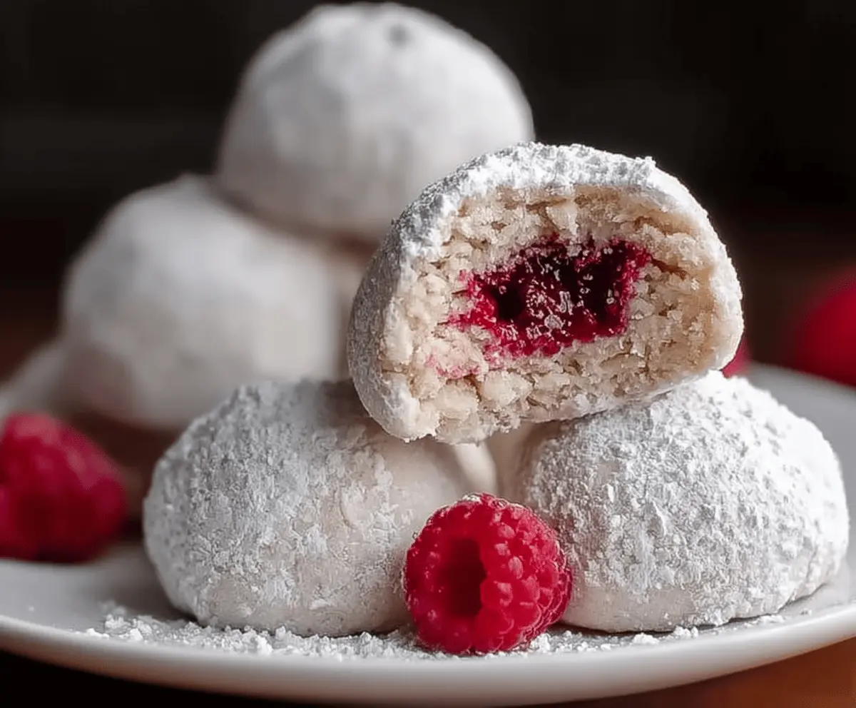 Delicious raspberry-filled almond snowball cookies on a festive plate, perfect for holiday desserts.