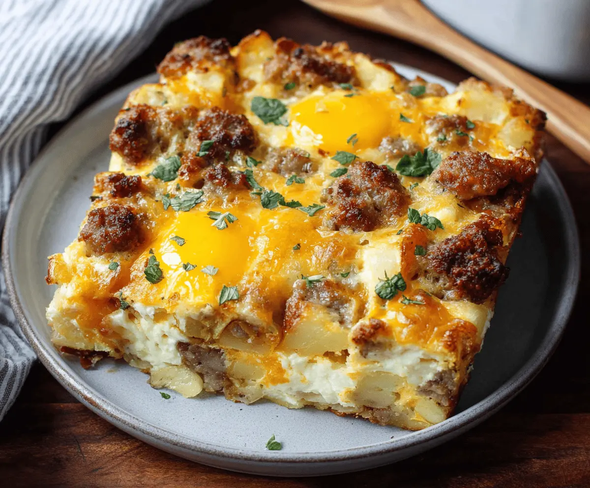 Delicious sausage and egg casserole in a baking dish, perfect for breakfast or brunch.