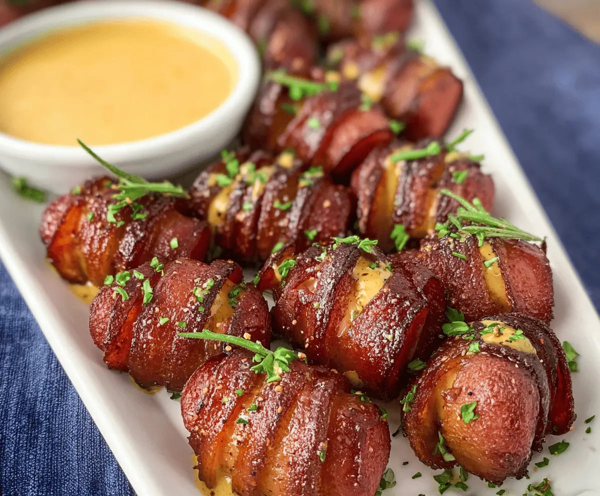 Delicious Savory Mustard Hasselback Kielbasa Bites served on a platter, perfect for appetizers.