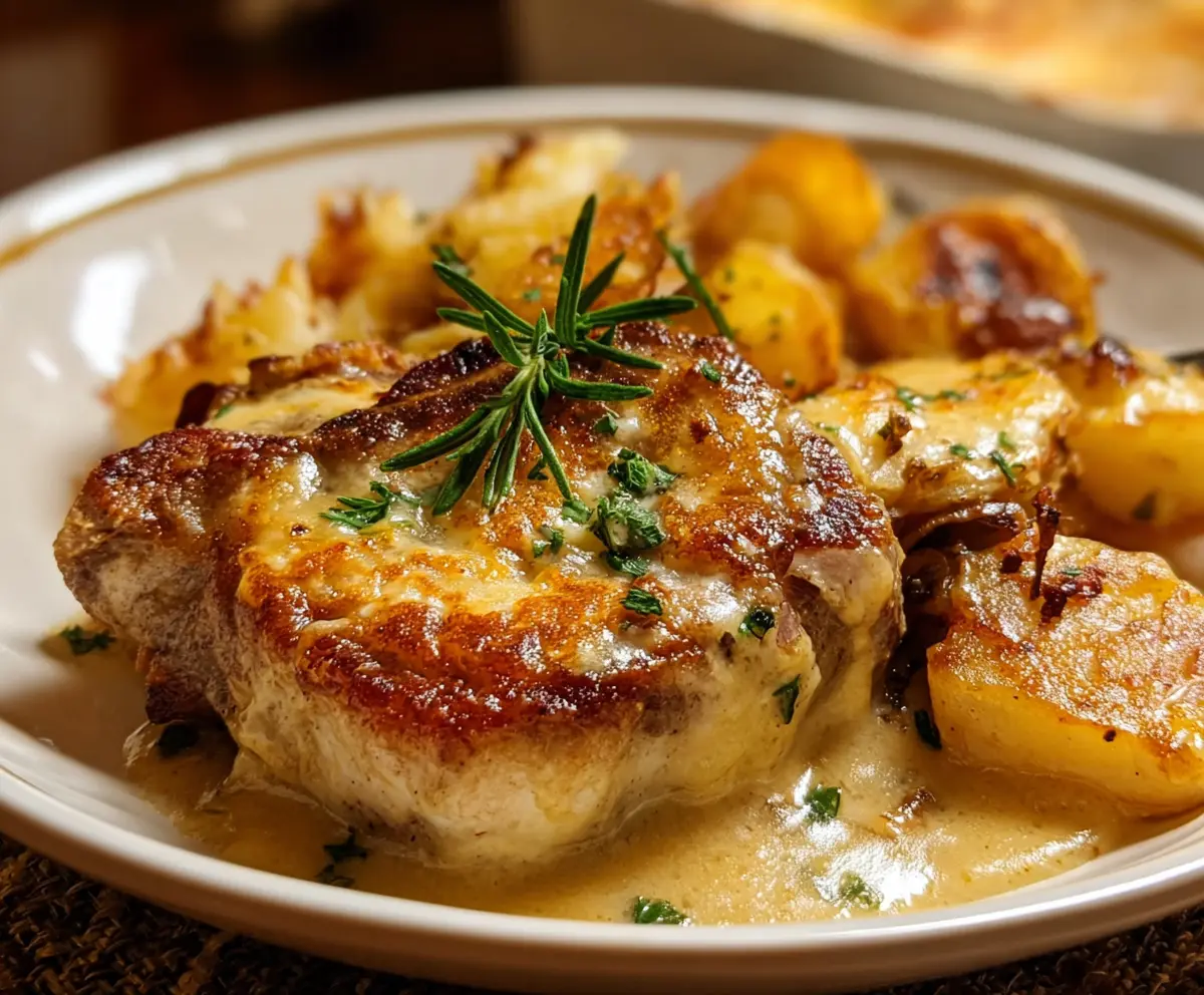 Delicious smothered pork chop served with creamy scalloped potato casserole, perfect for comforting dinners.