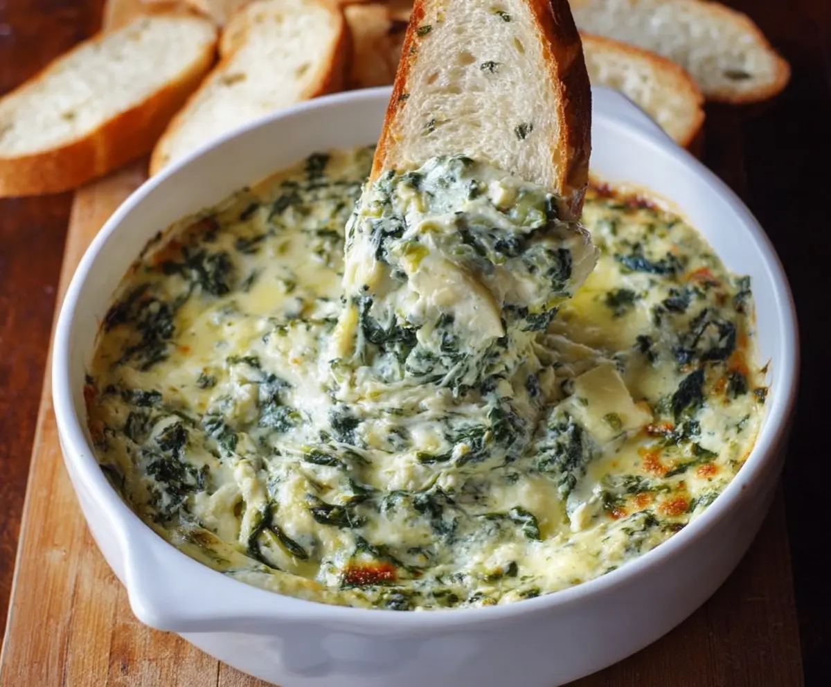 Creamy spinach artichoke dip served with crispy chips, perfect for appetizer parties.