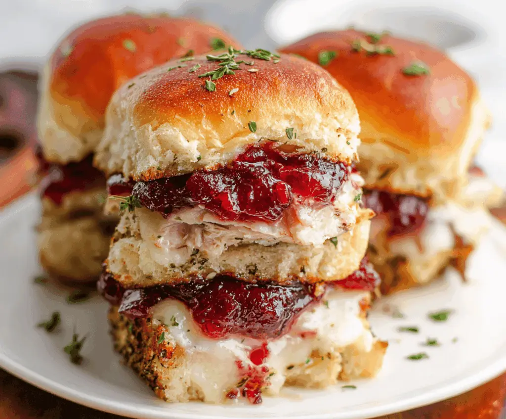 Delicious turkey cranberry sliders with fresh bread and vibrant cranberry sauce for a festive appetizer.