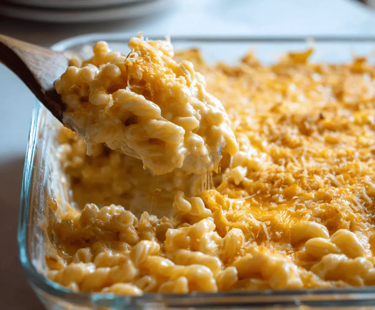 Creamy and cheesy ultimate mac and cheese served in a white bowl, topped with shredded cheese and herbs.