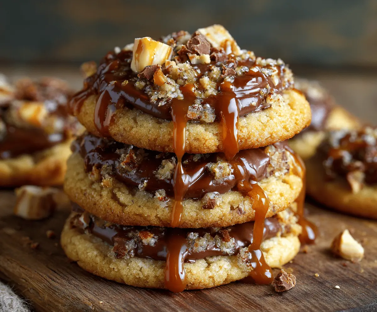 Delicious Ultimate Twix-Style Cookies with caramel, chocolate, and cookie layers on a white plate.