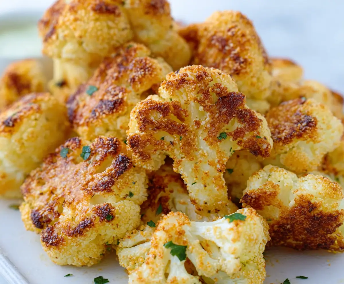 Crispy Air Fryer Parmesan Roasted Cauliflower served on a plate garnished with fresh herbs.