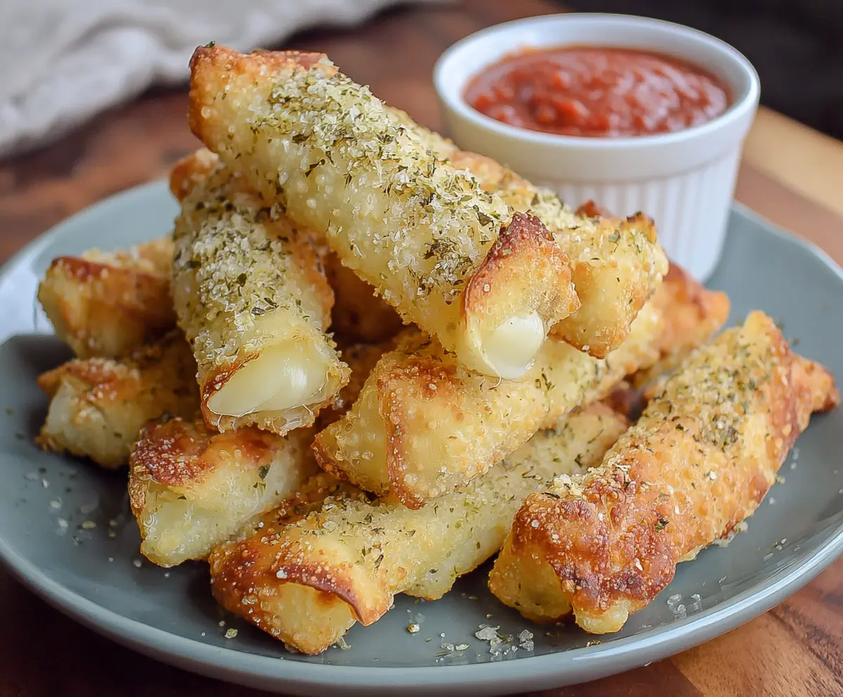 Crispy Air Fryer Wonton Mozzarella Sticks served with marinara sauce on a white plate