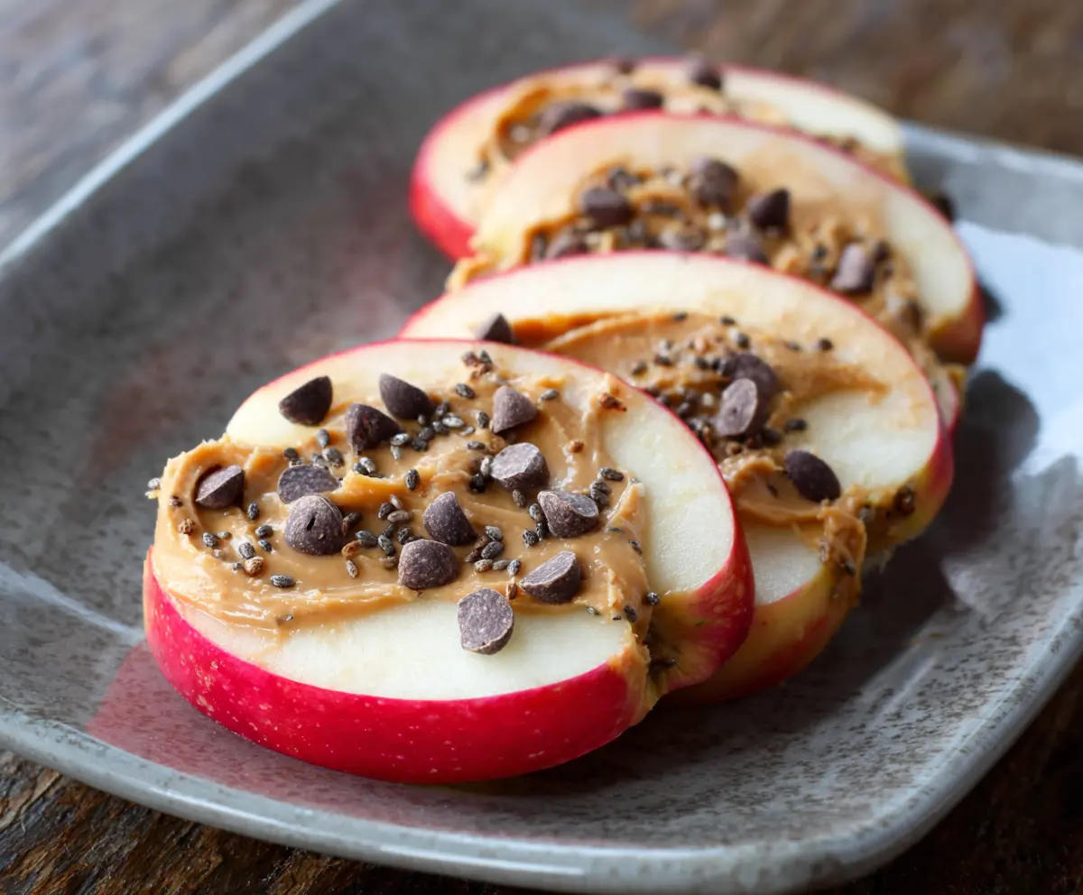 Fresh apple slices topped with creamy almond butter and sprinkled with chia seeds for a healthy snack.