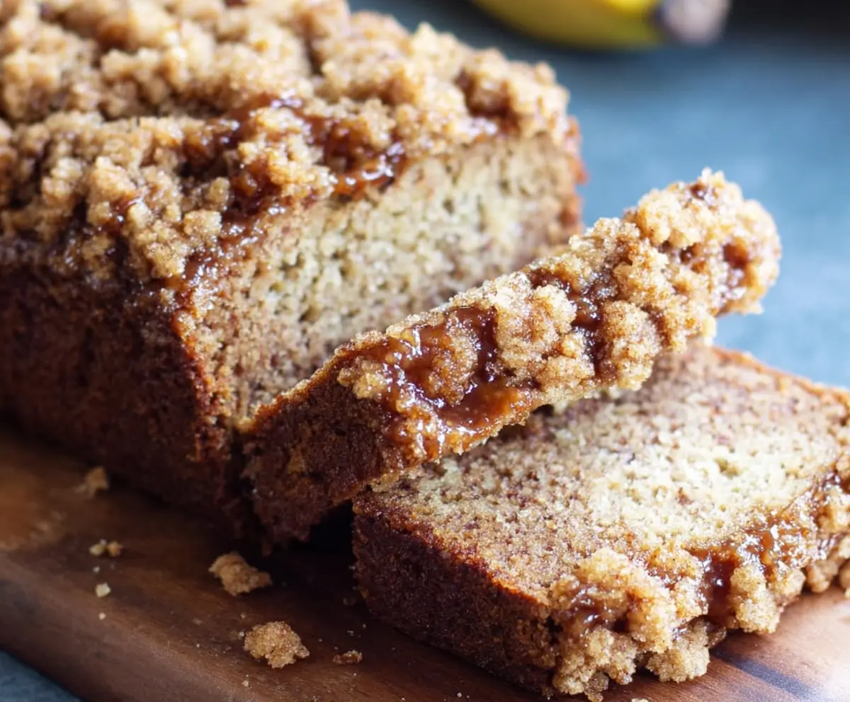 Delicious homemade banana bread topped with a crunchy streusel crumb for a perfect breakfast treat.