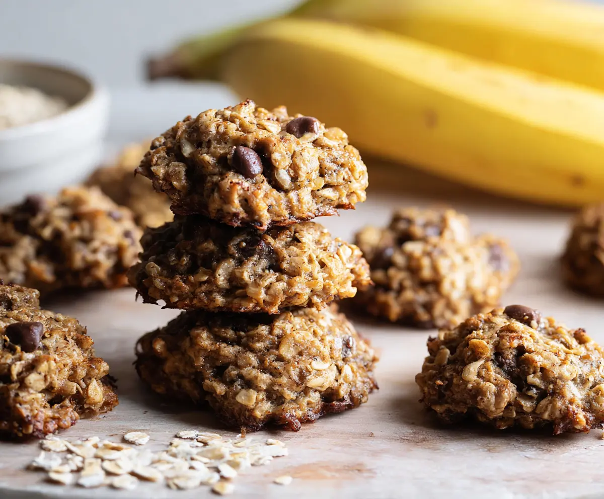 Homemade banana oatmeal cookies on a plate, showing a golden-brown crust and soft texture.
