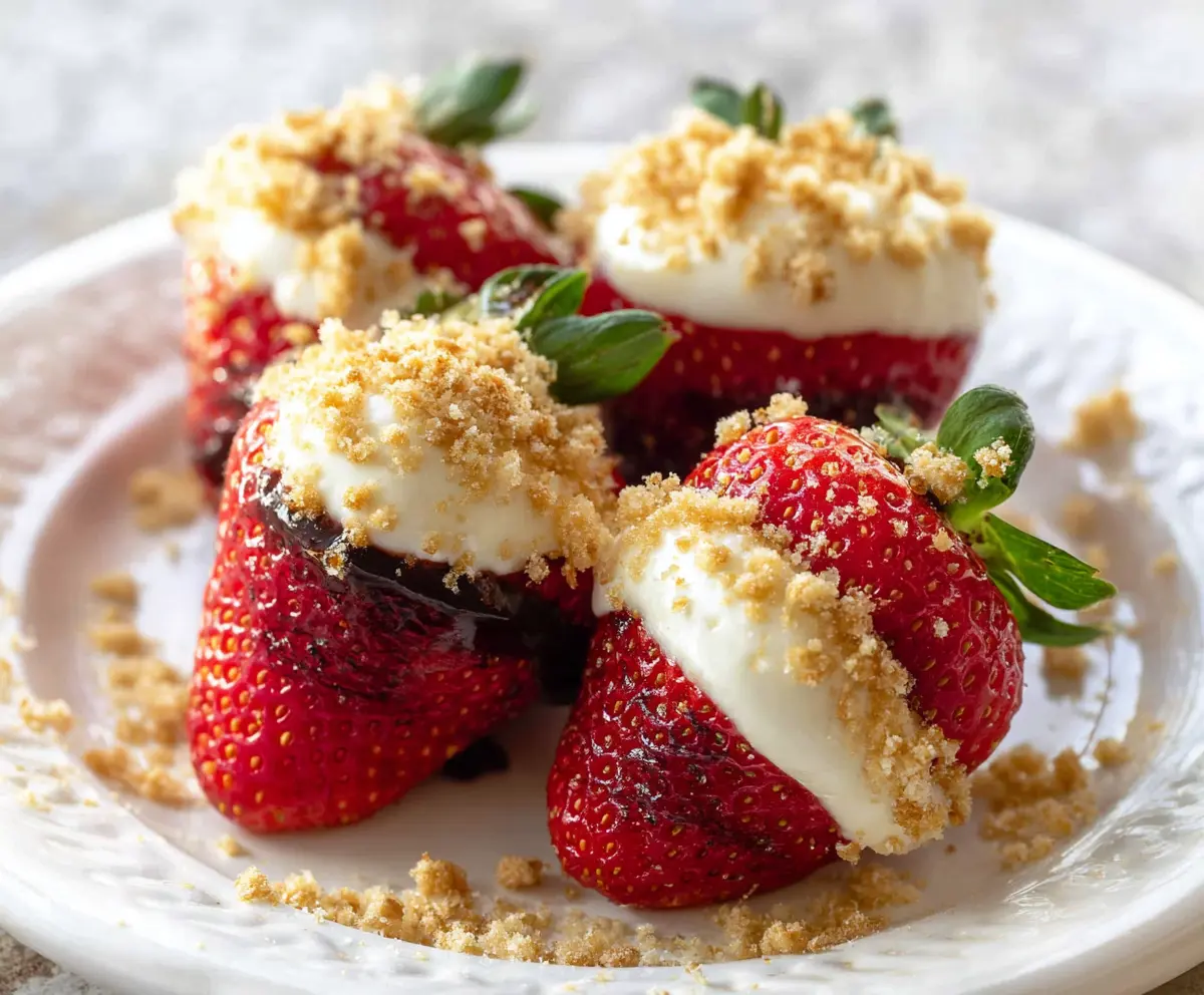 Delicious cheesecake stuffed strawberries garnished with fresh mint on a white plate.