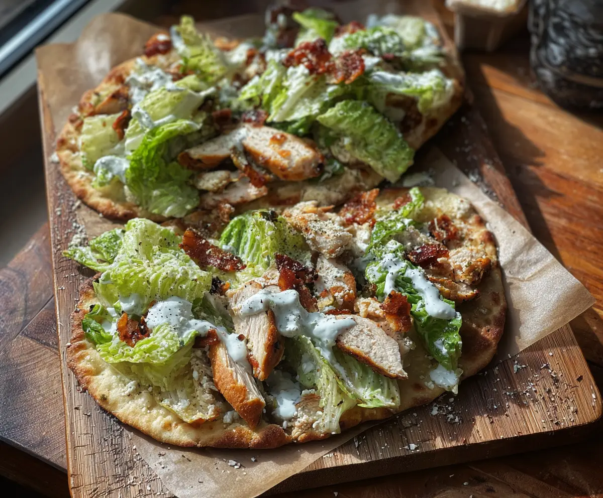 Delicious Chicken Caesar Flatbread with crispy chicken, fresh lettuce, and creamy Caesar dressing on a golden flatbread.