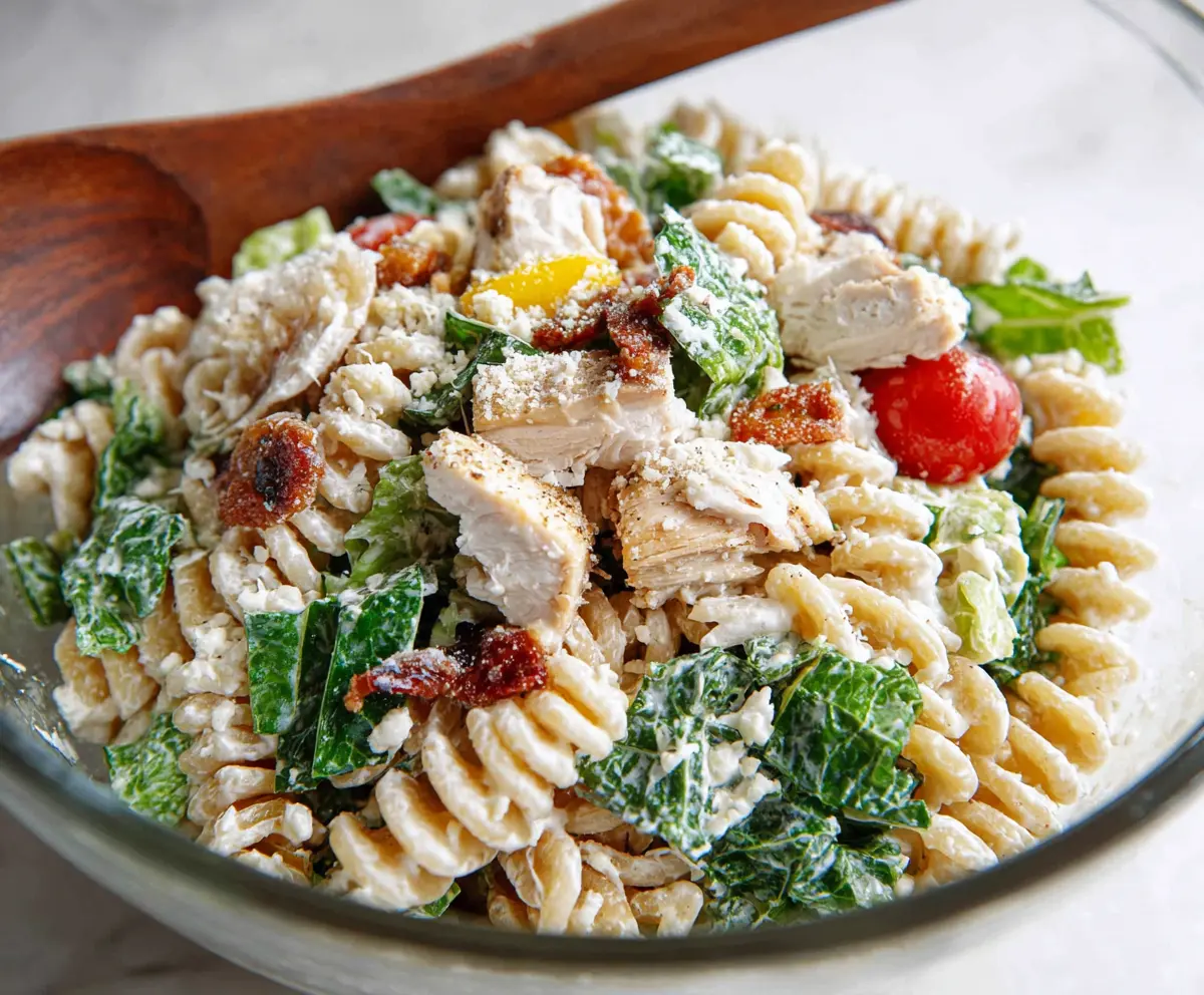 Delicious Chicken Caesar Pasta Salad with greens and Parmesan cheese in a bowl