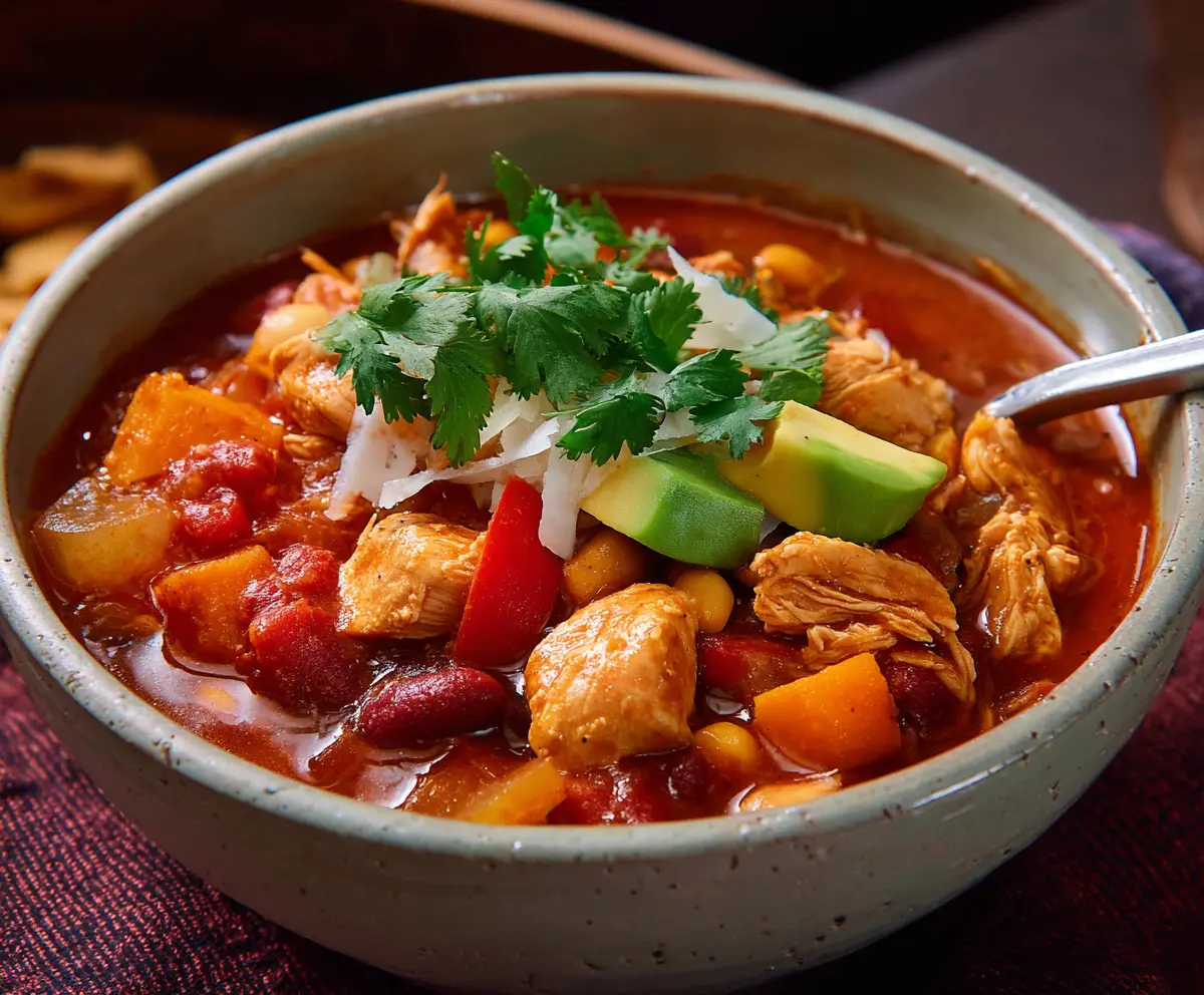 Hearty chicken chili in a bowl with beans and spices, perfect for cold weather.