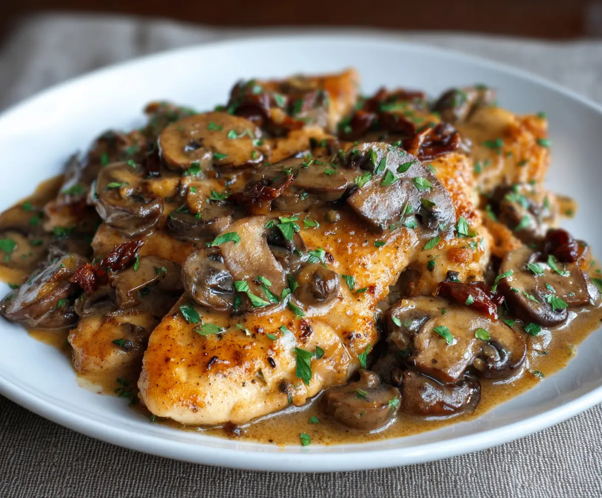 Delicious Chicken Marsala dish with tender chicken breasts cooked in rich Marsala wine sauce.