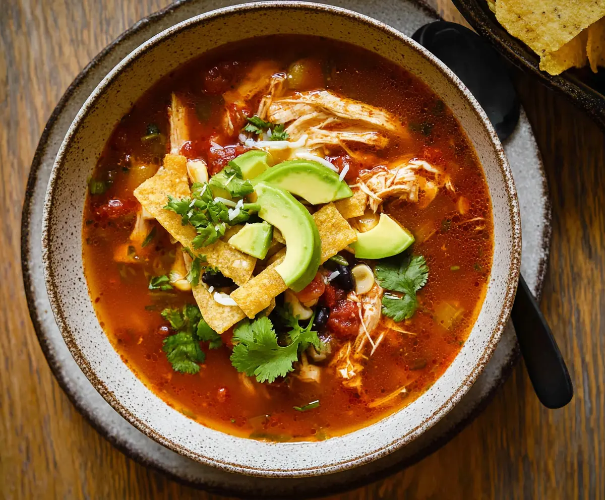 Hearty chicken tortilla soup with melted cheese and fresh toppings in a bowl.