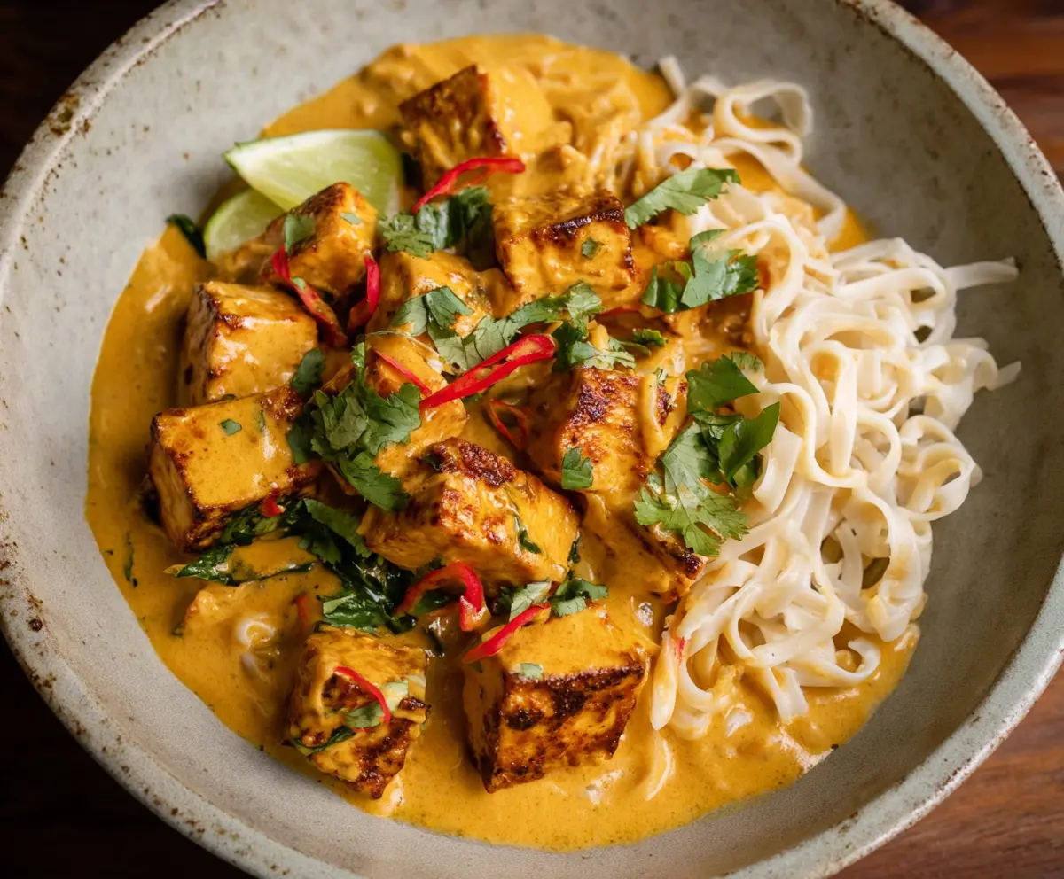 Delicious creamy coconut curry with tofu served in a bowl, garnished with fresh herbs.