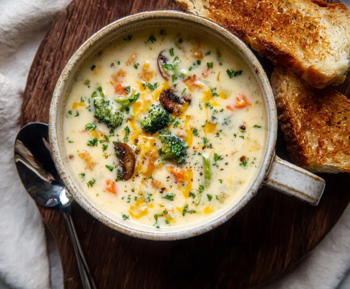 A bowl of creamy vegetable soup with colorful mixed vegetables and herbs.