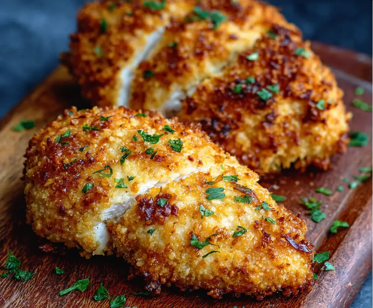 Crispy Air Fryer Parmesan Crusted Chicken served on a white plate with fresh herbs