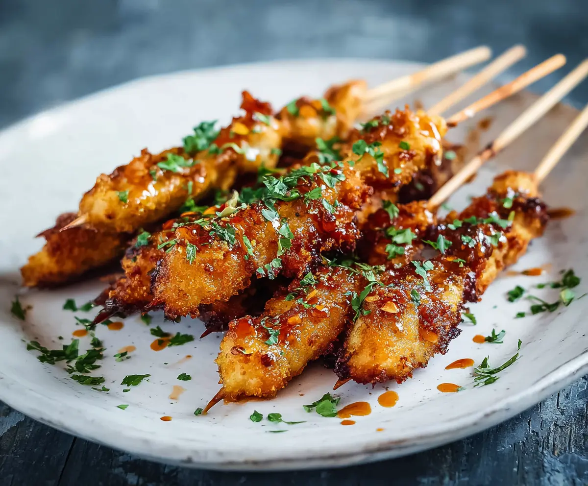 Delicious crispy Bang Bang Chicken skewers garnished with fresh herbs on a colorful plate