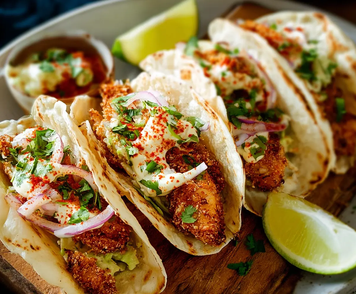 Delicious crispy chicken tacos topped with fresh lettuce and shredded cheese, served on a rustic plate.