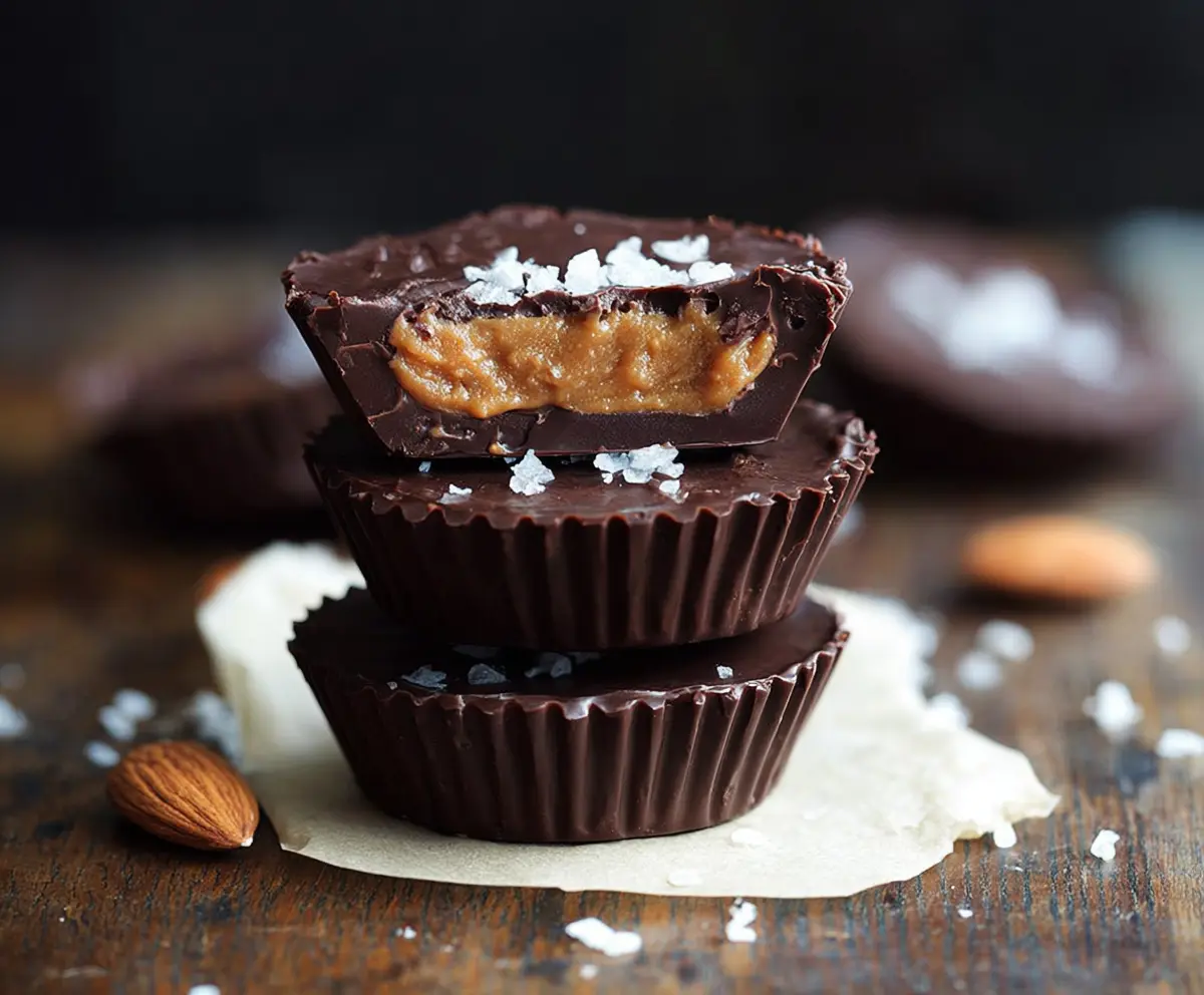 Delicious homemade dark chocolate almond butter cups showcasing rich chocolate and creamy almond filling.