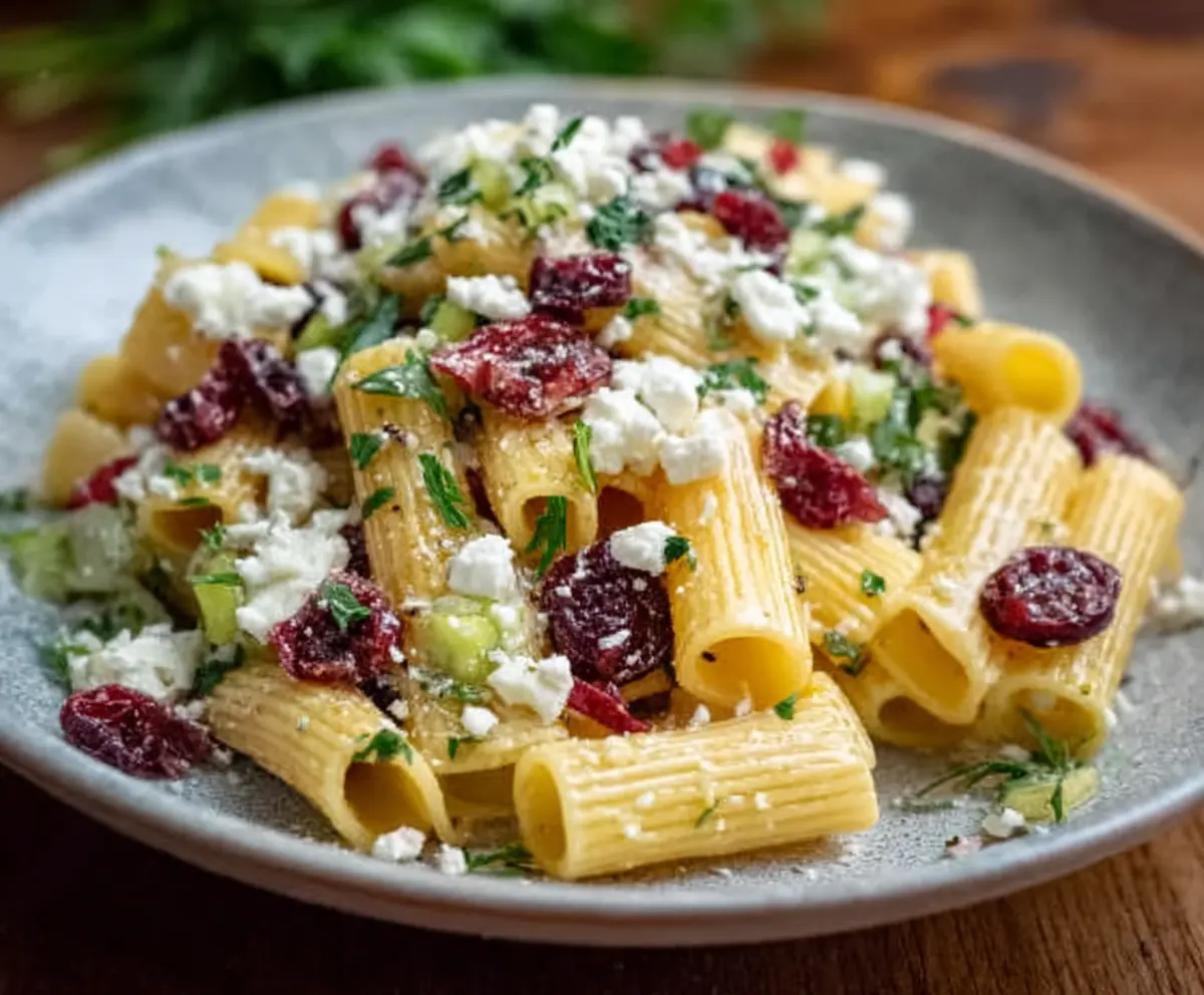 Fresh Feta and Cranberry Rigatoni Salad drizzled with Lemon Vinaigrette in a bowl, perfect for a light and flavorful meal.