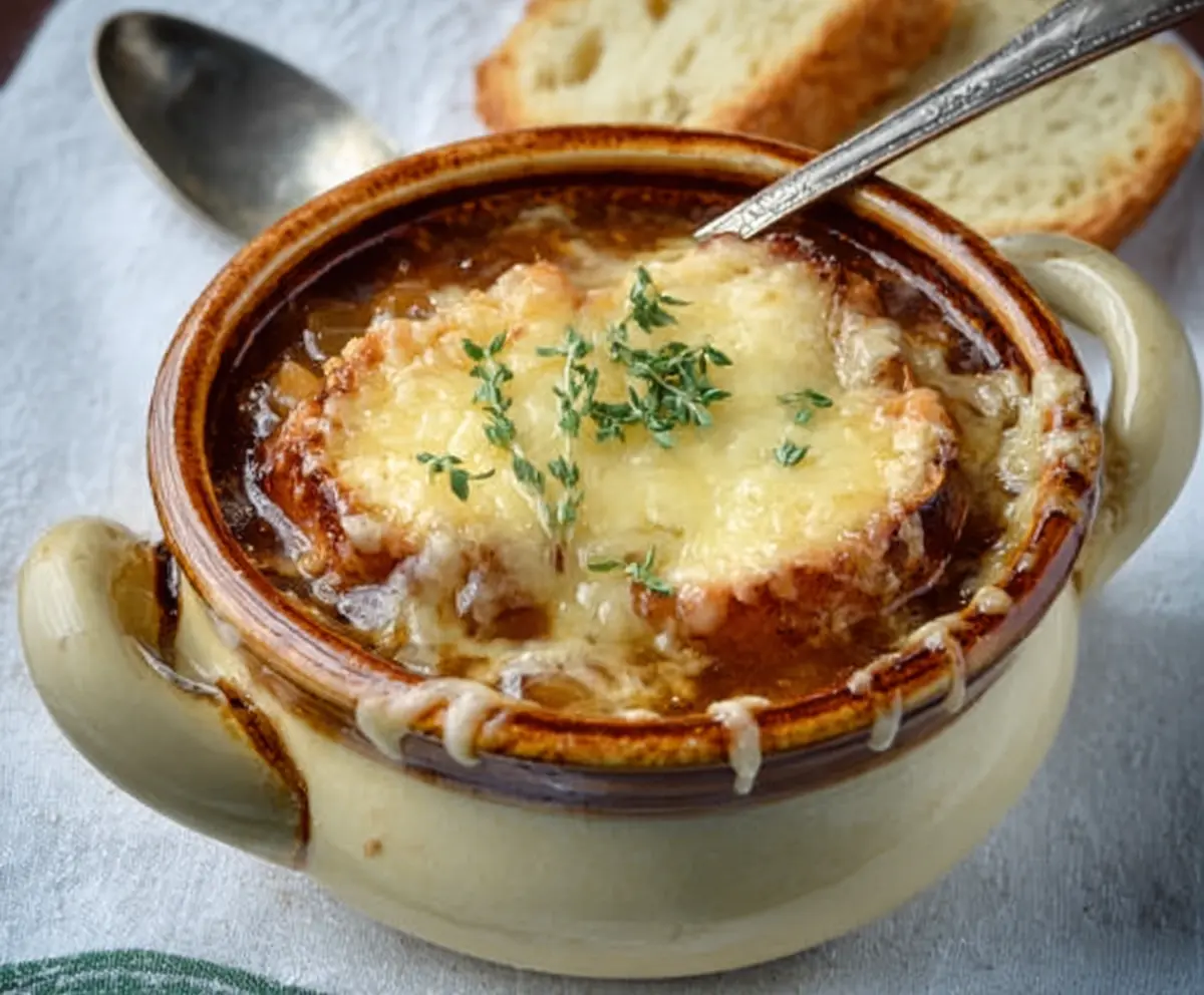 Delicious bowl of homemade French Onion Soup topped with melted cheese and crispy croutons