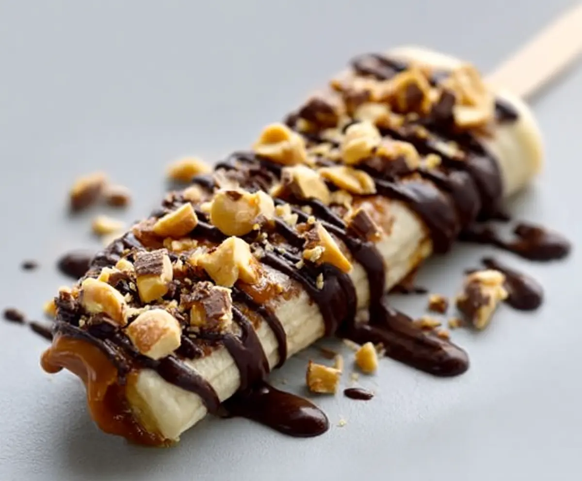 Delicious Frozen Banana Snickers dessert with creamy banana and caramel caramel coating topped with chocolate and nuts.