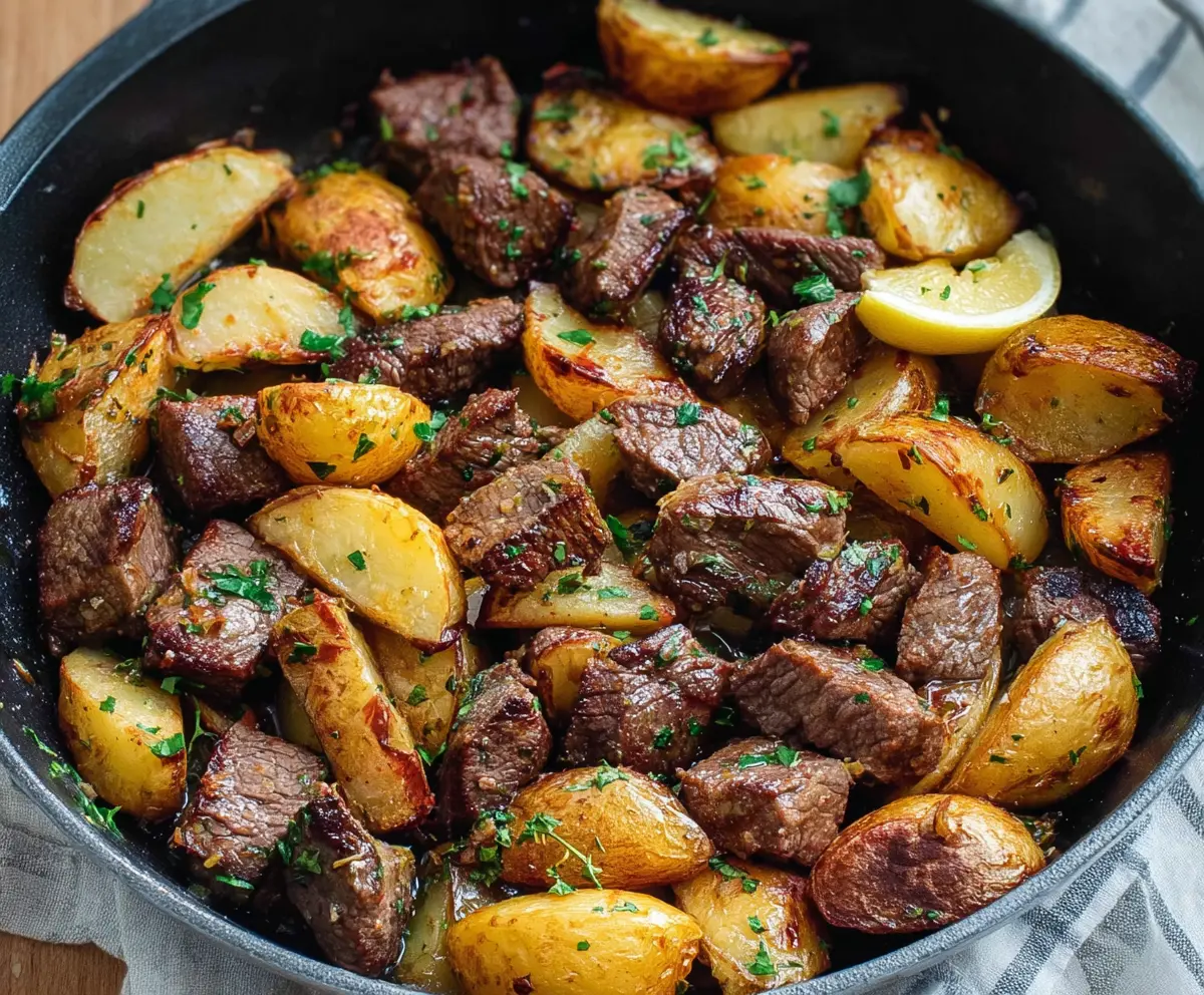 Delicious garlic butter steak bites served with crispy golden potatoes, perfect for a flavorful appetizer or main course.