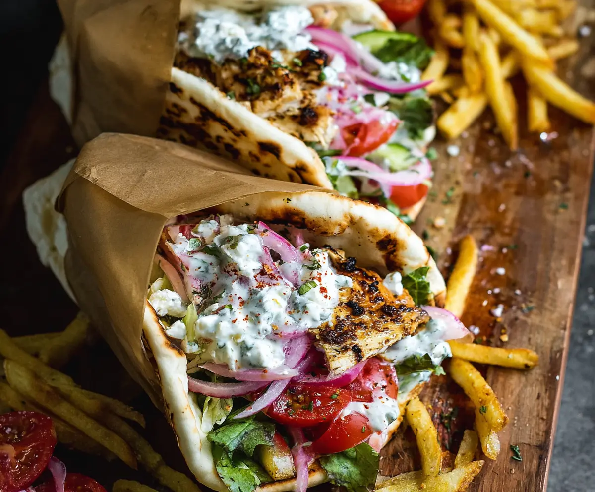 Delicious Greek Chicken Gyros served with fresh vegetables and creamy tzatziki sauce.