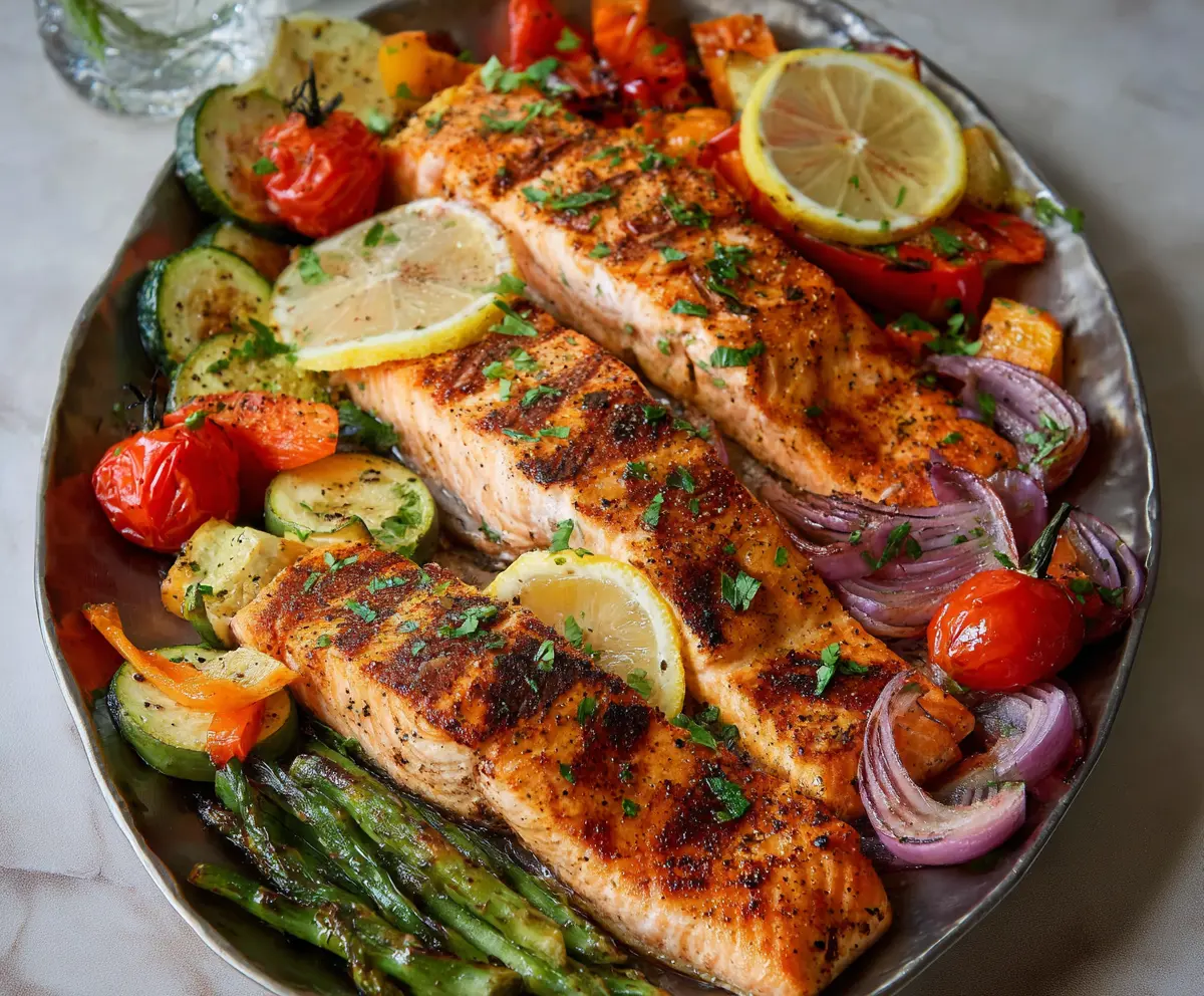 Delicious grilled salmon served with colorful roasted vegetables on a plate.